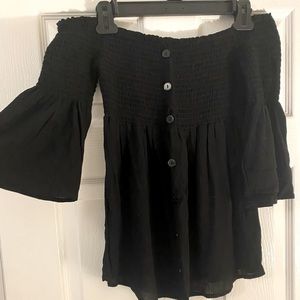 Black M off the shoulder top from Francesca’s. Button detailing and bell sleeves